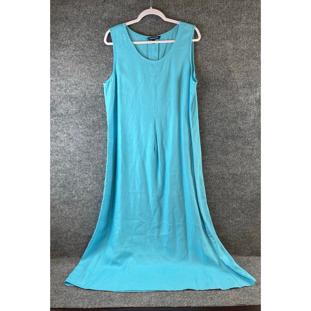 TRAVELSMITH Linen Dress Women's Large Blue Maxi Length Vacation Resort Cruise